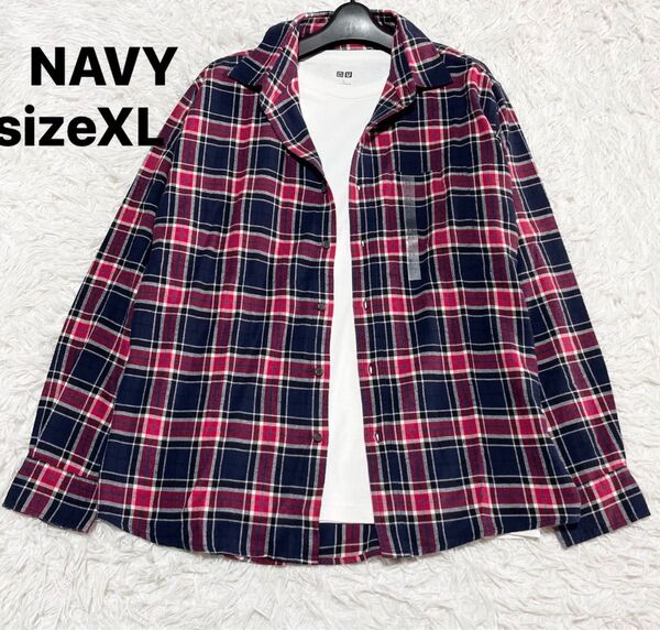 【新品】NAVY 長袖シャツ チェック柄 カジュアルシャツ メンズ レッド ネイビー マルチカラー sizeXL
