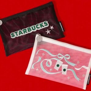 スタバ スターバックス 2025限定 ホリデーオリジナルメッシュ刺繍ポーチ ホワイト ブラック 2個セット