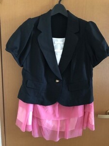 フェイクシャツ半袖ジャケットチュールスカートスーツ　38ABR122　黒、ピンク 【WA-213】