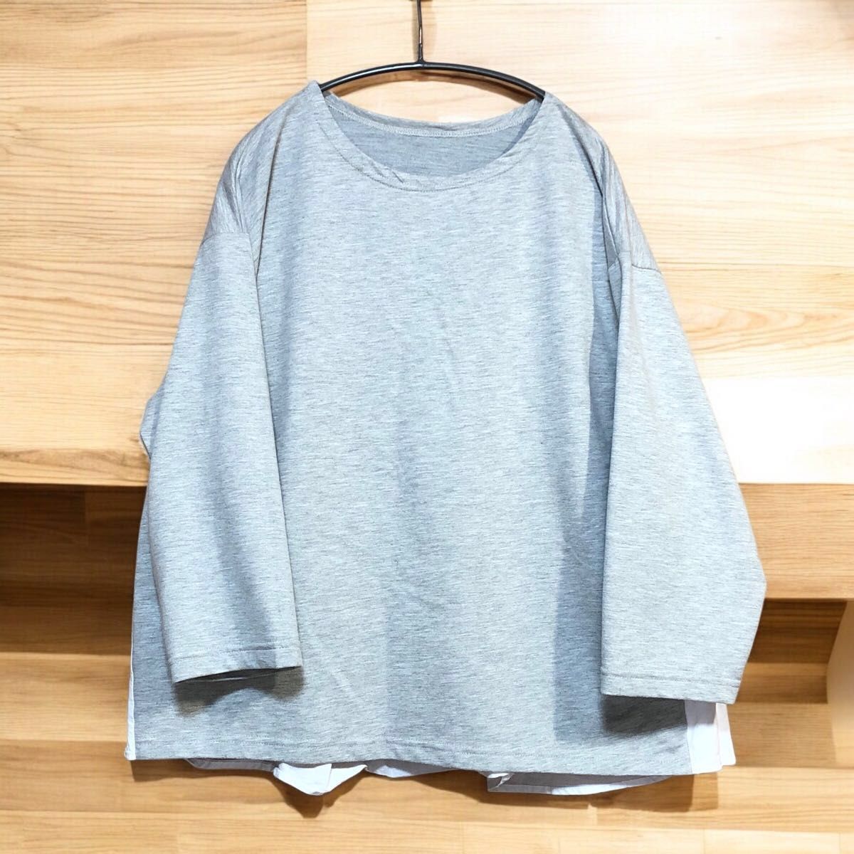 グレー レイヤード風 カジュアル ゆったり　七分袖 レイヤード チュニックTシャツ　3L美品