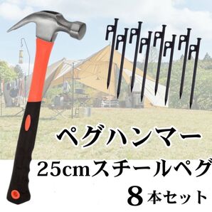 スチールペグ 25cm 8本 ペグハンマー セット キャンプ BBQ テント ペグ