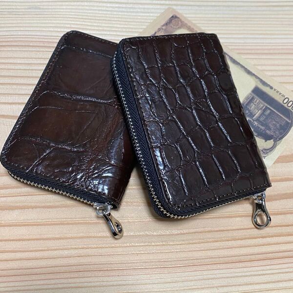 期間限定 一つ ブラウン クロコダイル メンズ ラウンドファスナー ワニ鰐 本革 手染め手作り コンパクト ミニ財布/コインケース