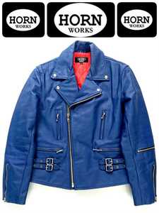  popular color blue!! HORN WORKS horn Works lightning type high class real leather double rider's jacket L beautiful goods single original leather cow leather 