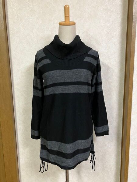 B.K.M.Sボーダー柄タートルネックニットチュニックワンピース