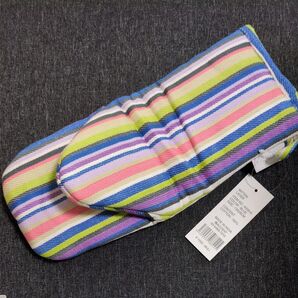 長めサイズのミトン 鍋つかみ 縦ストライプ マルチカラー コットン100% インド製 ★ACCENT 未使用