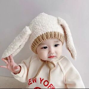 セール! うさ耳ニット帽 赤ちゃん モコモコ 防寒 ベビーフォト イベント ベージュ
