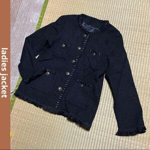 レディース 秋冬 アウター ノーカラージャケット ヴィンテージ 金ボタン ブラック 長袖 ジャケット ツイード