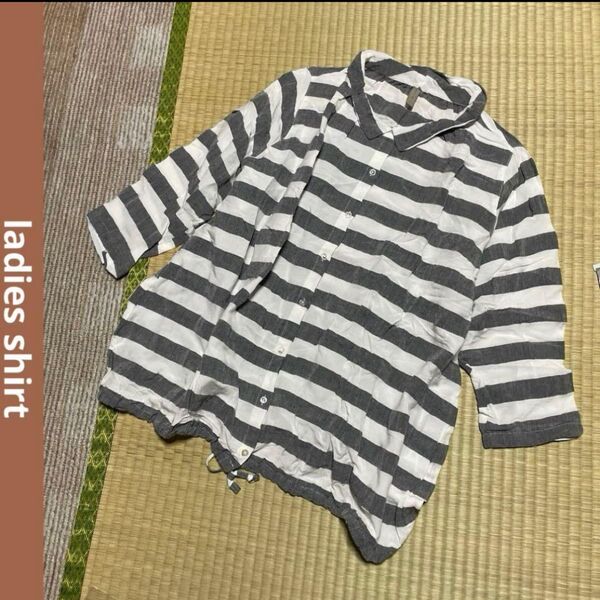 レディース リネンレーヨン ボーダー シャツ ブラウス 七分袖 M〜Lサイズ ボーダー柄 トップス グレー ホワイト