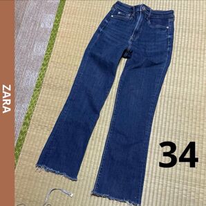 ZARA ザラ レディース ミニフレアデニム ジーンズ カットオフ 34 ネイビー 低身長にも★ ダメージ加工