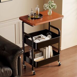 サイドテーブル キャスター付き 2段 ワゴン 収納ラック ブラック