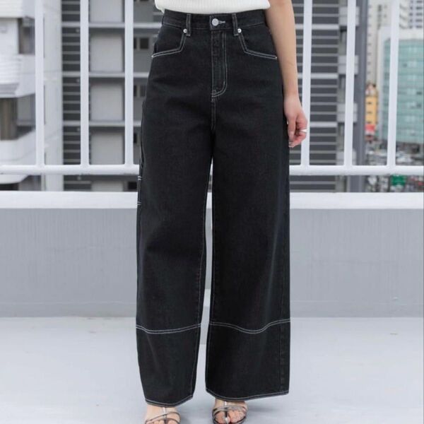 ワンウォッシュ デニムパンツ ブラック SENSE OF PLACE ステッチペインターバギーデニム S ワイドデニム