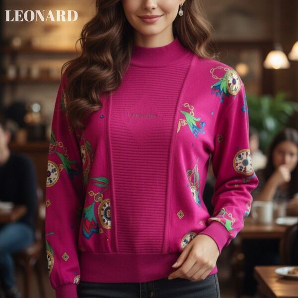 【美品】LEONARD 花柄時計モチーフ長袖ウール100%ニット ピンク L