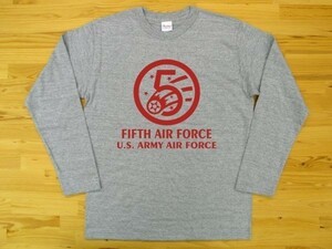 5th AIR FORCE 杢グレー 5.6oz 長袖Tシャツ 赤 S ミリタリー U.S. ARMY AIR FORCE FIFTH