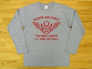 8th AIR FORCE 杢グレー 5.6oz 長袖Tシャツ 赤 S ミリタリー U.S. ARMY AIR FORCE the mighty eighth