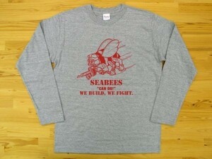 SEABEES 杢グレー 5.6oz 長袖Tシャツ 赤 2XL 大きいサイズ ミリタリー シービーズ U.S. NAVY ハチ