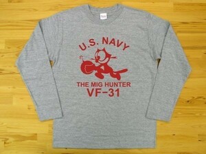 U.S. NAVY VF-31 杢グレー 5.6oz 長袖Tシャツ 赤 2XL 大きいサイズ ミリタリー トムキャット VFA-31 USN