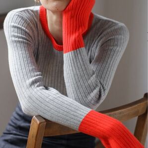 ボンジュールサガン 配色フィンガーホールリブニット ライトグレー 長袖ニット FREE Bonjour Sagan ライトグレー