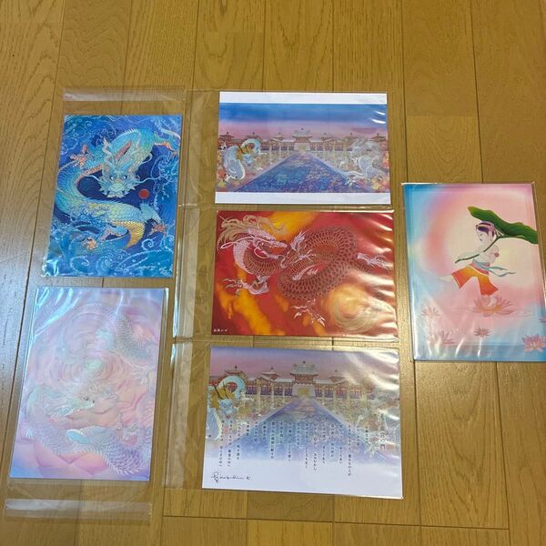 龍 鳳凰 ポストカード 6枚セット (5点は草場一壽工房)影絵風 イラスト
