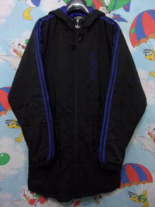 90s adidas 黒×青 ベンチコート L 90年代 アディダス ナイロン ラグラン スリーライン 中綿 パーカー フード フーディ ジャケット 上着