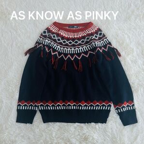 AS KNOW AS PINKY フリンジ付き長袖ニット ノルディック柄