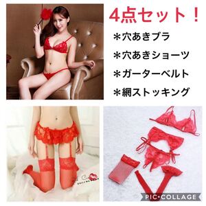 4点セット 穴あき ガーターベルト ベビードール セクシーランジェリー