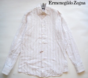  прекрасный товар Турция производства!! Ermenegildo Zegna Ermenegildo Zegna* лен 100% полоса рисунок длинный рукав linen рубашка M белый × серый × розовый 