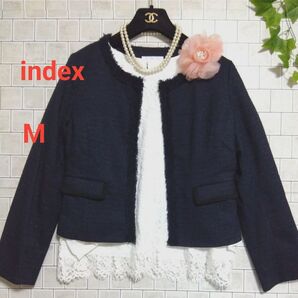 良品【index 】ラメ入り ツイード生地 ノーカラージャケット ネイビー M 38ワールド セレモニー