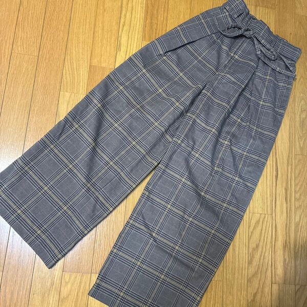 チェック柄ワイドパンツ ウエストリボン カジュアルパンツ