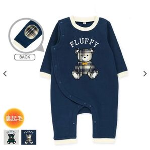 80 くまチェックアップリケ長袖カバーオール ネイビー 西松屋 男の子 女の子 冬 ベビー服 ベビーウェア