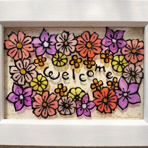 ステンドグラス風・秋のお花のwelcome・コスモス・桔梗・菊・金木犀・グラスアート・インテリア雑貨・イラスト・ハンドメイド