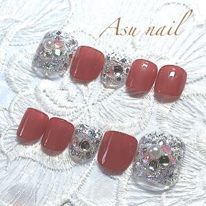 フットネイルチップ ビジューネイル ローズピンク