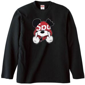 中指ネズミ ロンT ロングTシャツ ブラック M-XL 綿100% 5.6オンス パロディ ネタ