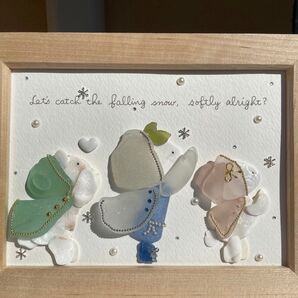 ★帽子をかぶって うさぎさん くまさん かわいい3人組 パステルカラー 雪が降ってきた 貝殻シーグラスアート