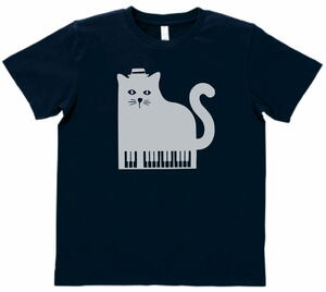 おもしろ　Tシャツ　ネコのピアノ　ネイビー　MLサイズ　送料無料　ｈ921
