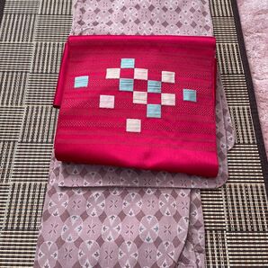 名古屋帯 ピンク 幾何学模様