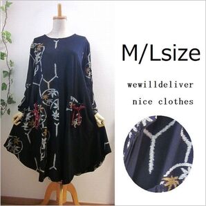 新品/未使用 M/L 和柄チュニック 円形ワンピース 花もみじ 黒系 ミス ミセス 着物柄