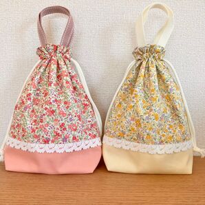 *ハンドメイド*給食袋2点セット 持ち手あり 入園入学準備 巾着袋 コップ袋 花柄 レース