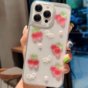 【新品未使用】iPhone15 ProMax ケース さくらんぼ パール リボン チェリー スマホケース クリア