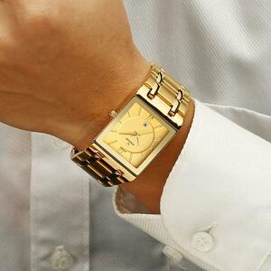 レロジオmasculino wwoorゴールド腕時計メンズスクエアメンズ腕時計トップブランド高級ゴールデンクォーツステンレス鋼防水腕時計