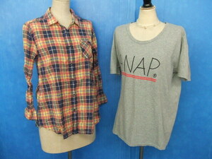 【お買得！】★カジュアルトップス２点セット★①BACK NAMBER/長袖シャツ/チェック柄/L　②ANAP/Tシャツ/グレー