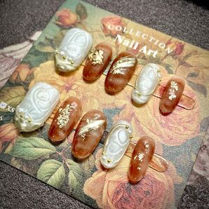 126ブラウンホワイト パール光沢ぼかし ネイルチップ ニュアンスネイル マグネットネイル うるうるお洒落ネイル クーポン可 XS