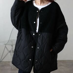 【2025秋冬新作】ボア切り替えキルティング 中綿ブルゾン / ブラック クロ 黒