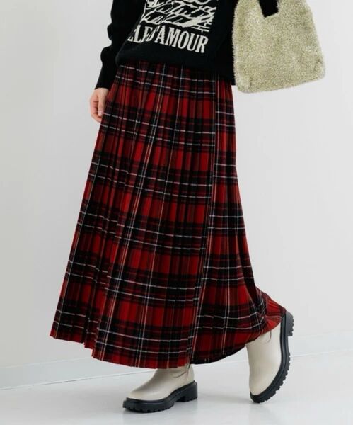 refinedworks 起毛チェックプリーツスカート チェック柄 プリーツ スカート / レッド
