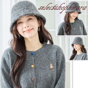 2025新作☆調節紐あり☆起毛バケットハット☆F/グレー