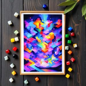 絵画「流れ」 A4 額無し 風景画 イラスト インテリア 現代アート 抽象画 カラフル 光沢紙 色彩