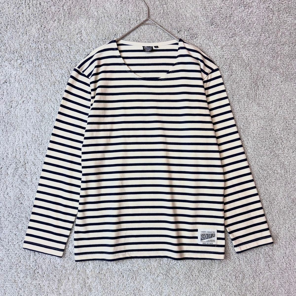 ボーダーカットソー　長袖　ネイビー×ホワイト　M ラウンドネック　プルオーバー　