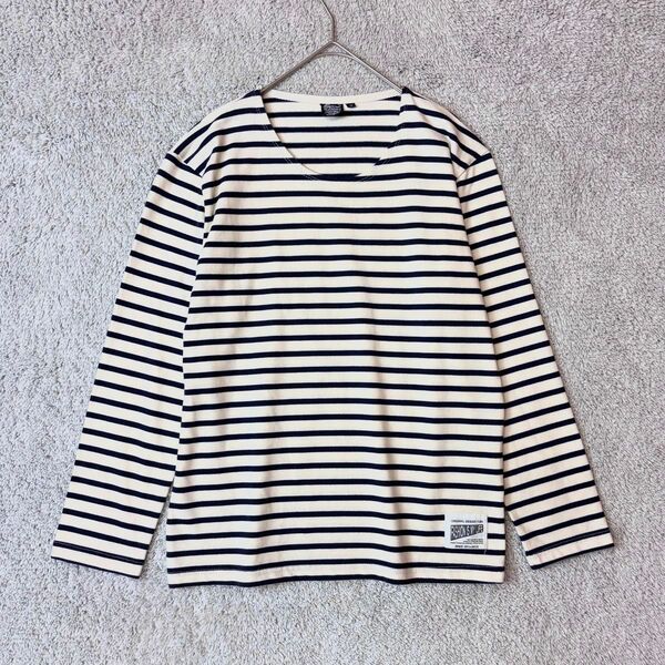 ボーダーカットソー 長袖 ネイビー×ホワイト M ラウンドネック プルオーバー