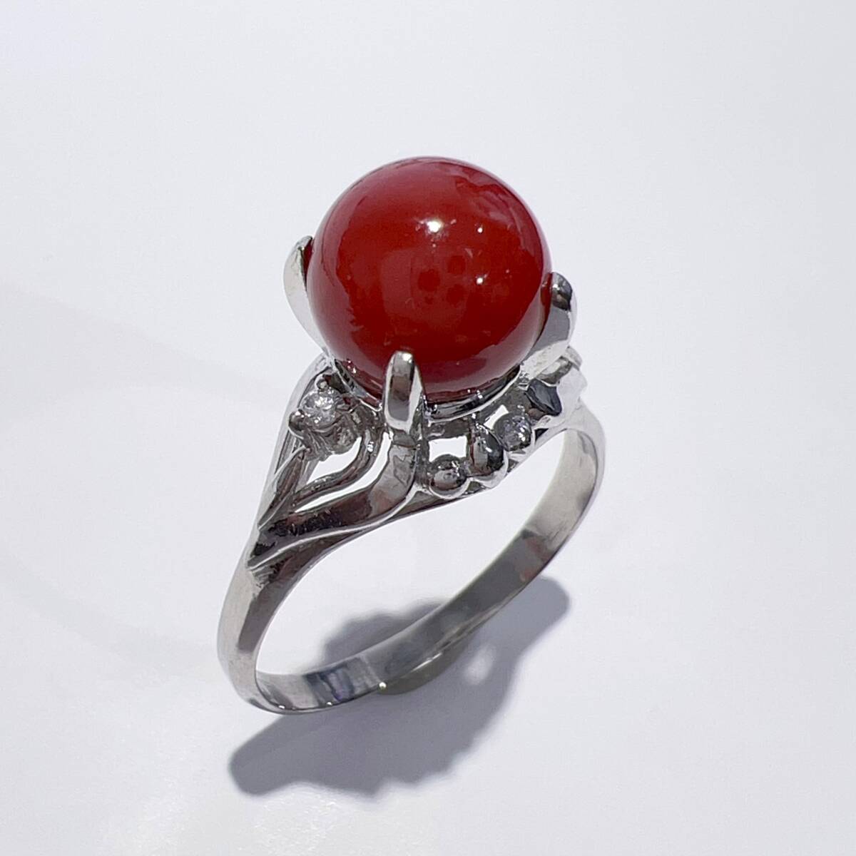 Pt900 天然 珊瑚 サンゴ ダイヤ リング レッド 血赤 15号 8.1mm