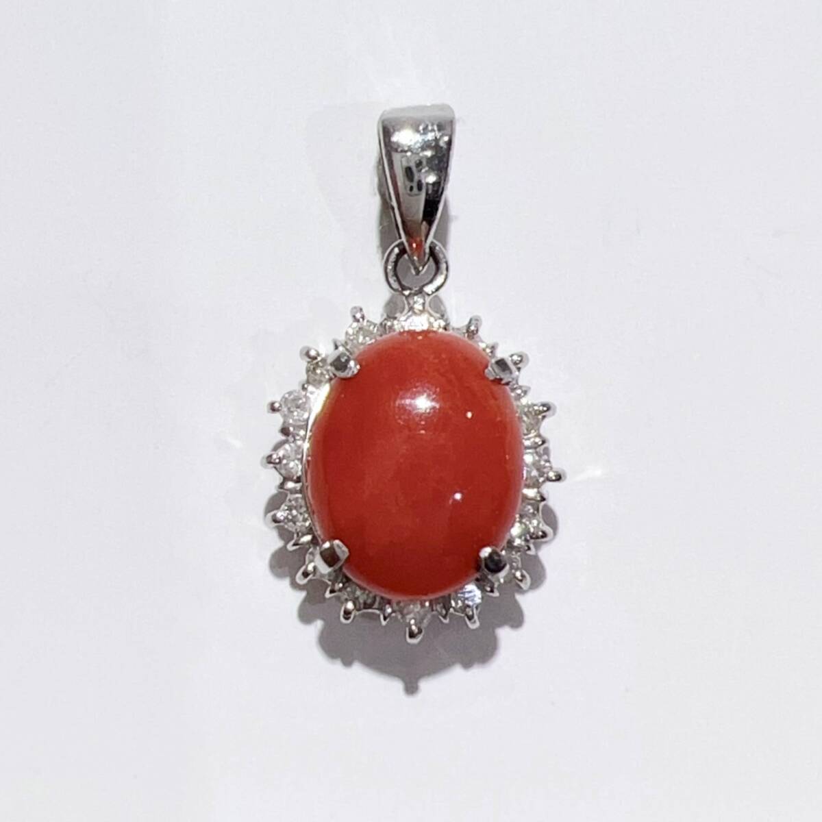 Pt900 天然 珊瑚 サンゴ ダイヤ ネックレス ペンダント トップ レッド 