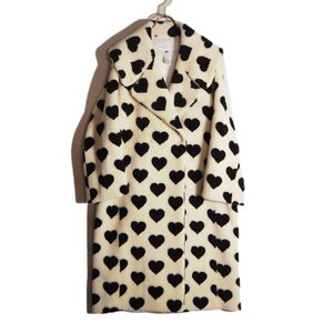 R5098H ▼ダブルスタンダードクロージング▼ ハート柄 ウールパイル ロングコート ホワイト ブラック 38 / ボア ロングコート 白 黒 秋冬